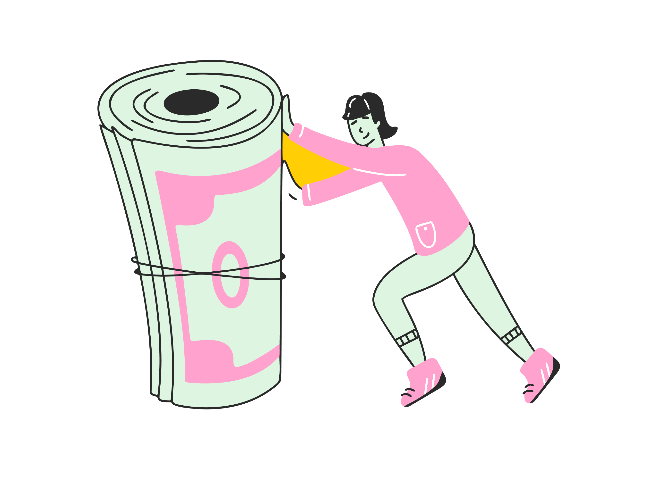 Illustration of a person pushing a large roll of cash